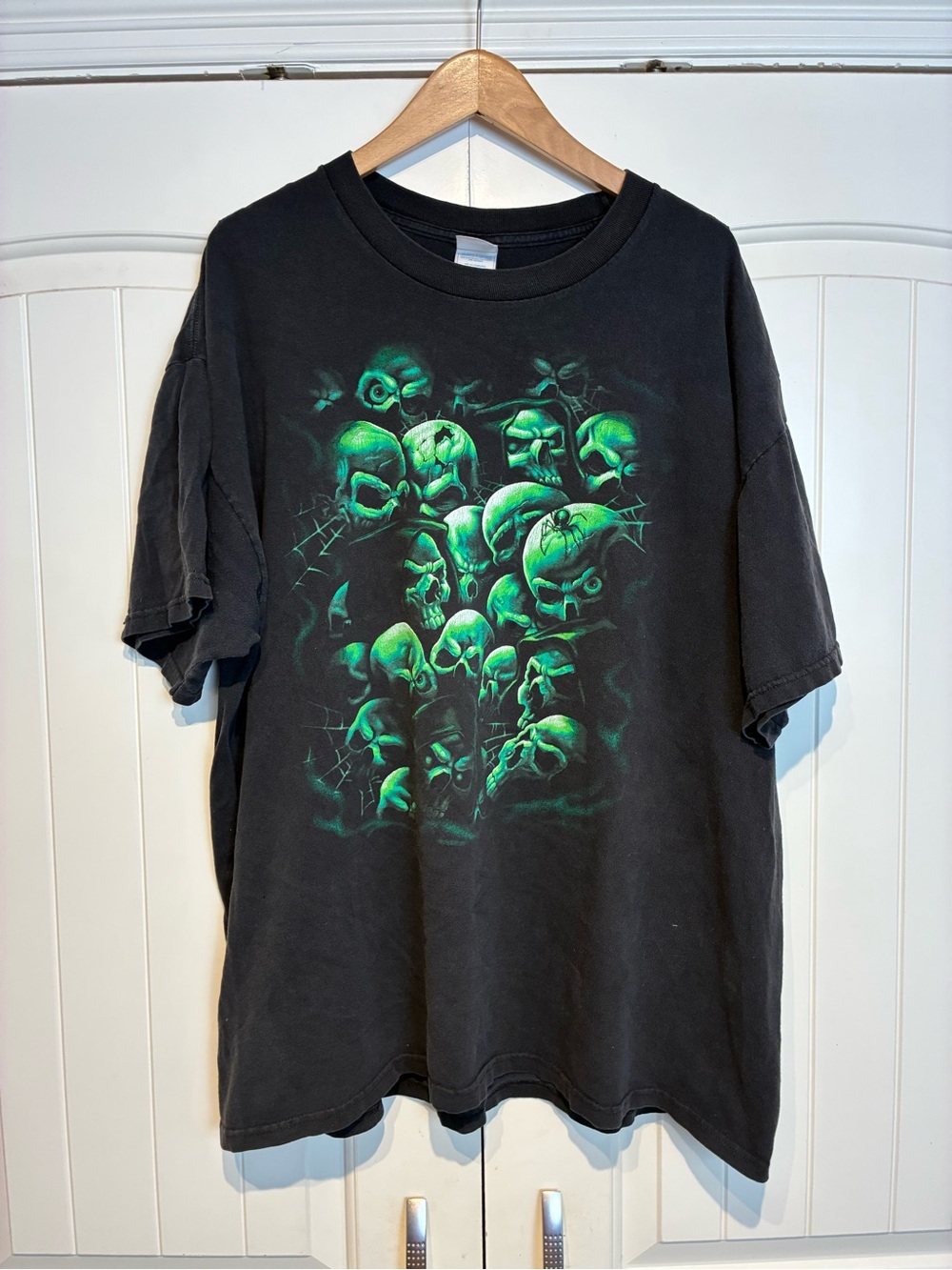 Black Graphic Skull Tee with Neon Green Print - Men Size XXL
